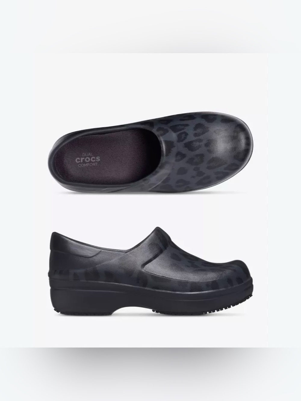 Crocs Women's Neria Pro II Graphic Clogs Leopard Black/Gray Print Slip On Unifor